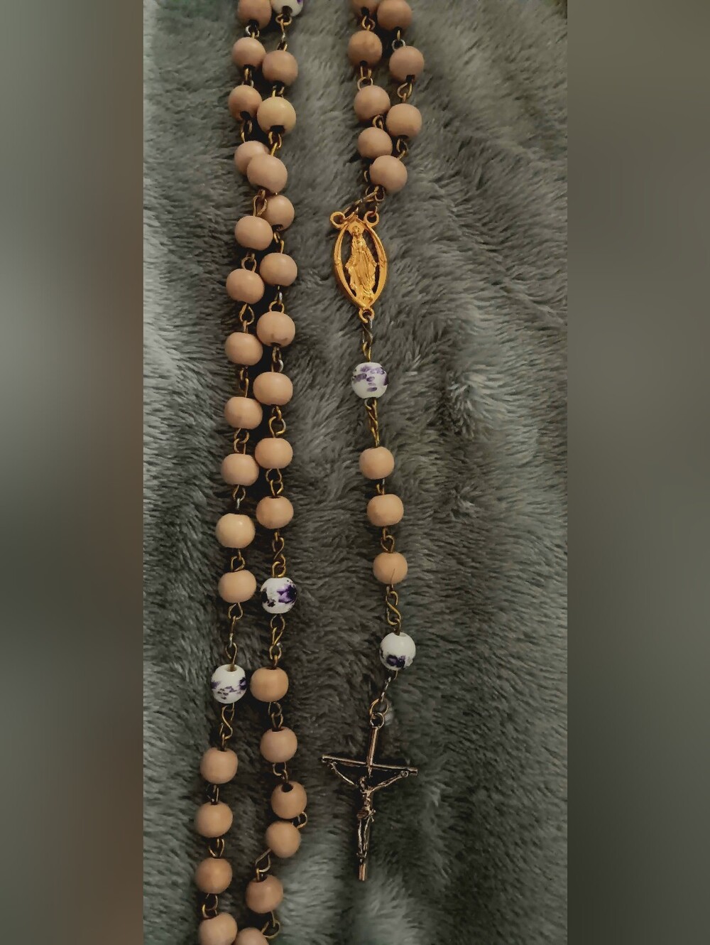 Rosary with Wood Beads and Gold-tone Details